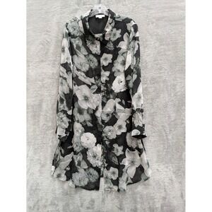 Dark Floral Chiffon Button Down Shirt Womens XL Black White Long Sleeve Tunic